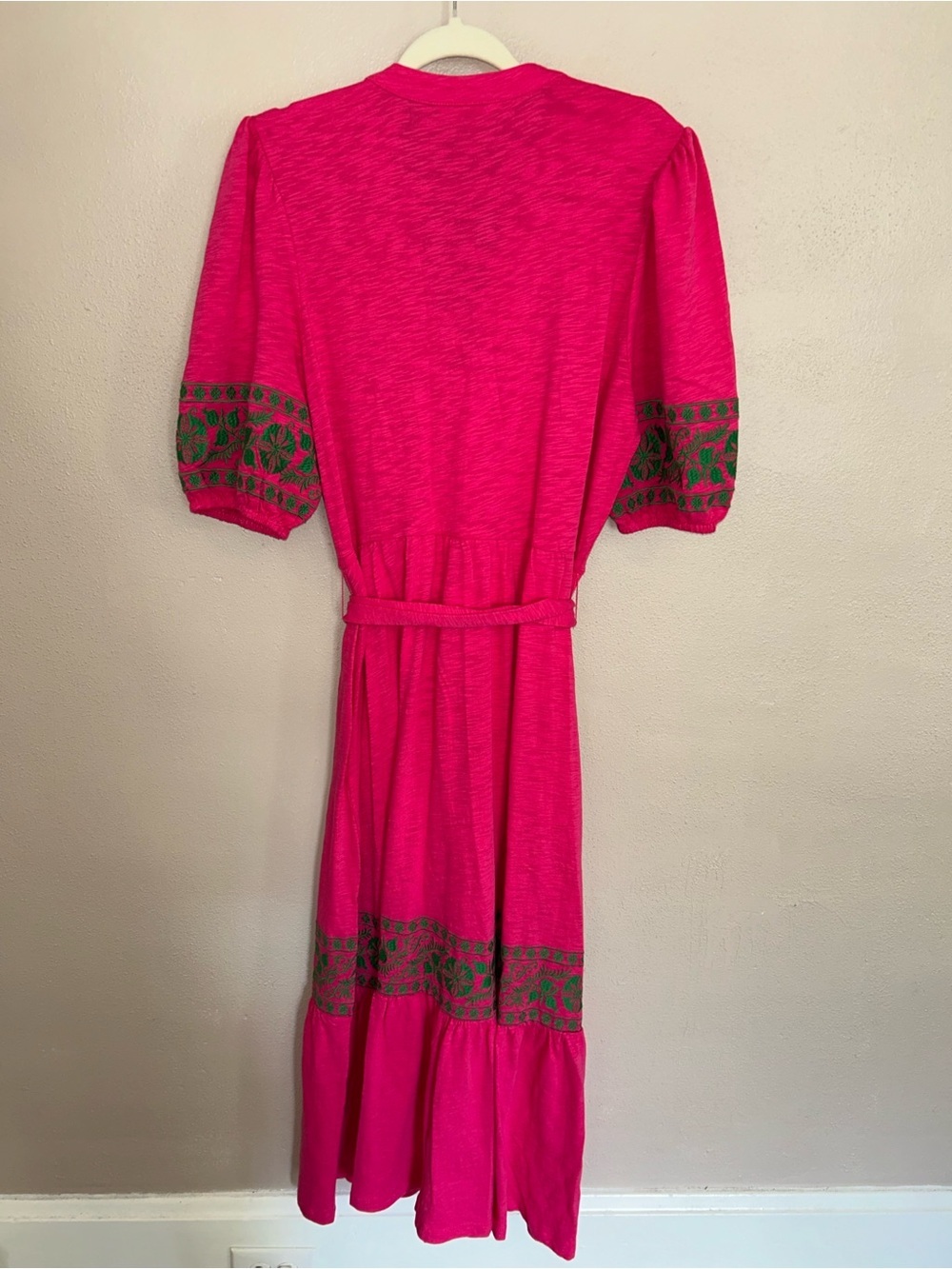 Boden Hot Pink puff sleeve belted Maxi Dress Green Embroidered Trim boho NWOT - Picture 5 of 6